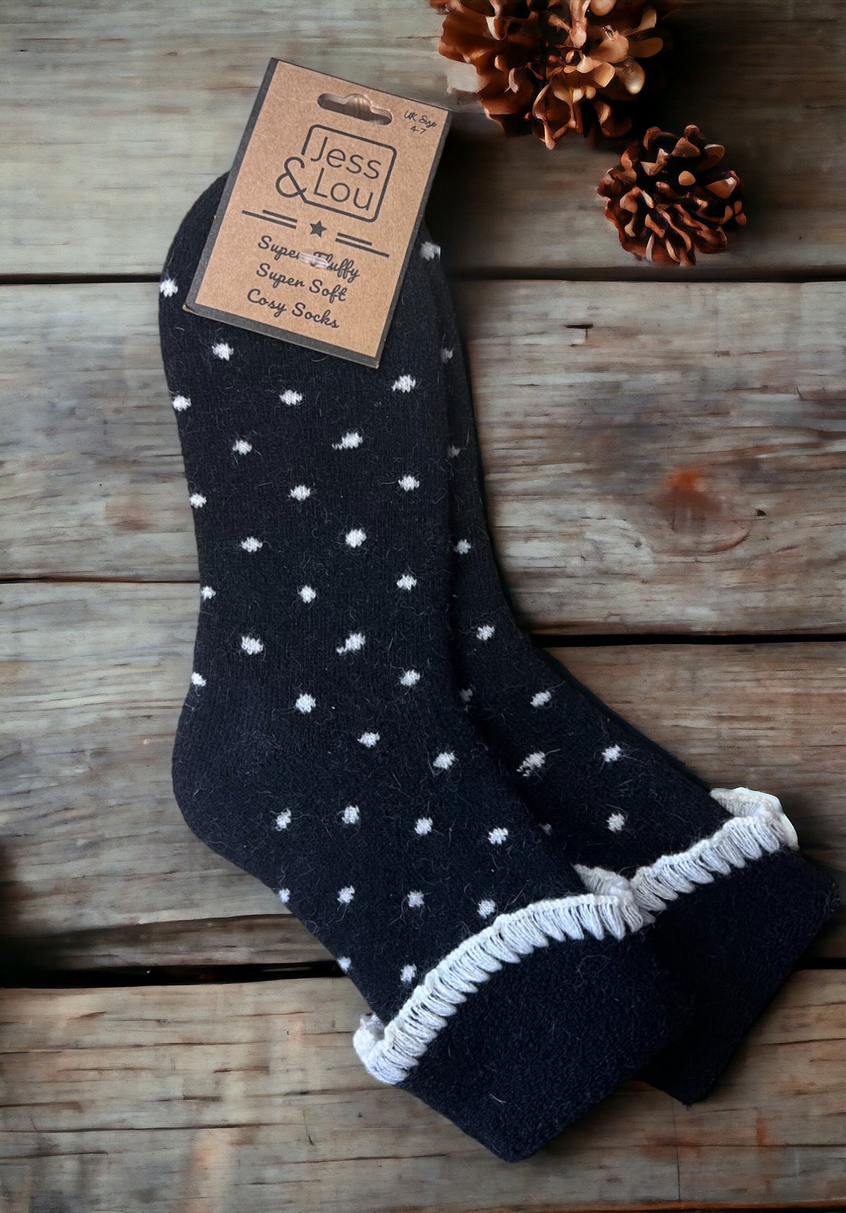 Ladies Wool Mix Cosy Cuff Socks | Dotty Design | Black