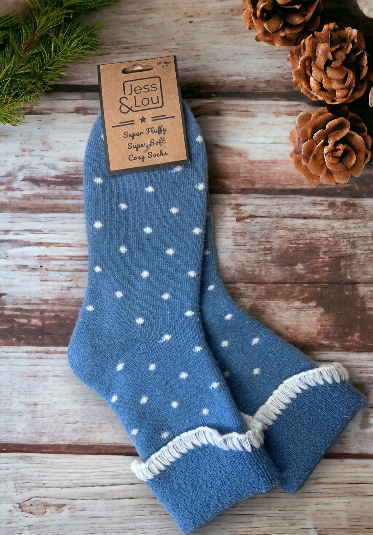 Ladies Wool Mix Cosy Cuff Socks | Dotty Design | Cornflower Blue