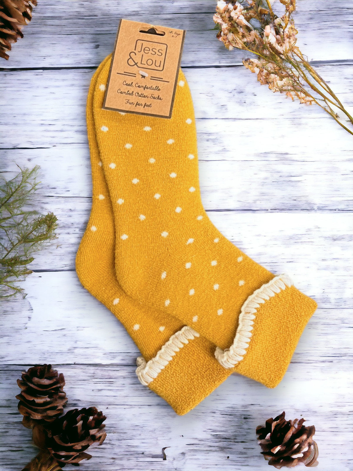 Ladies Wool Mix Cosy Cuff Socks | Dotty Design | Mustard