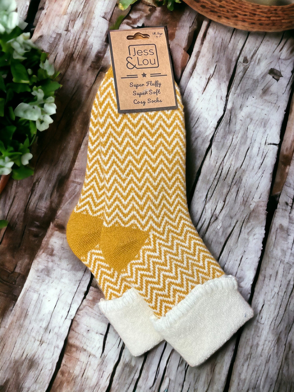 Ladies Wool Mix Cosy Cuff Socks | Mustard Chevron