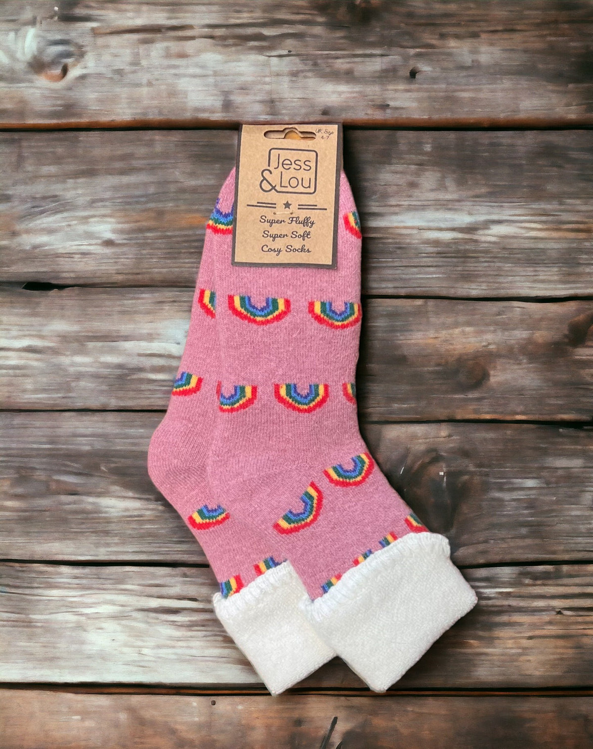 Ladies Wool Mix Cosy Cuff Socks | Rainbow Design | Pink