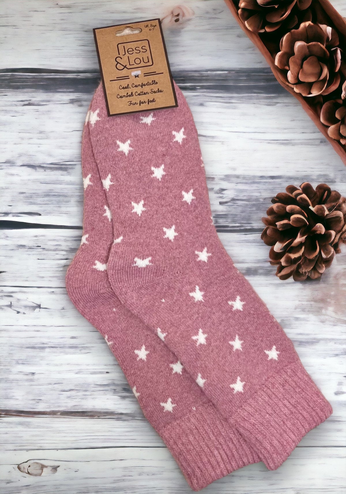 Ladies Wool Mix Cosy Ribbed Socks | Star Design | Pink