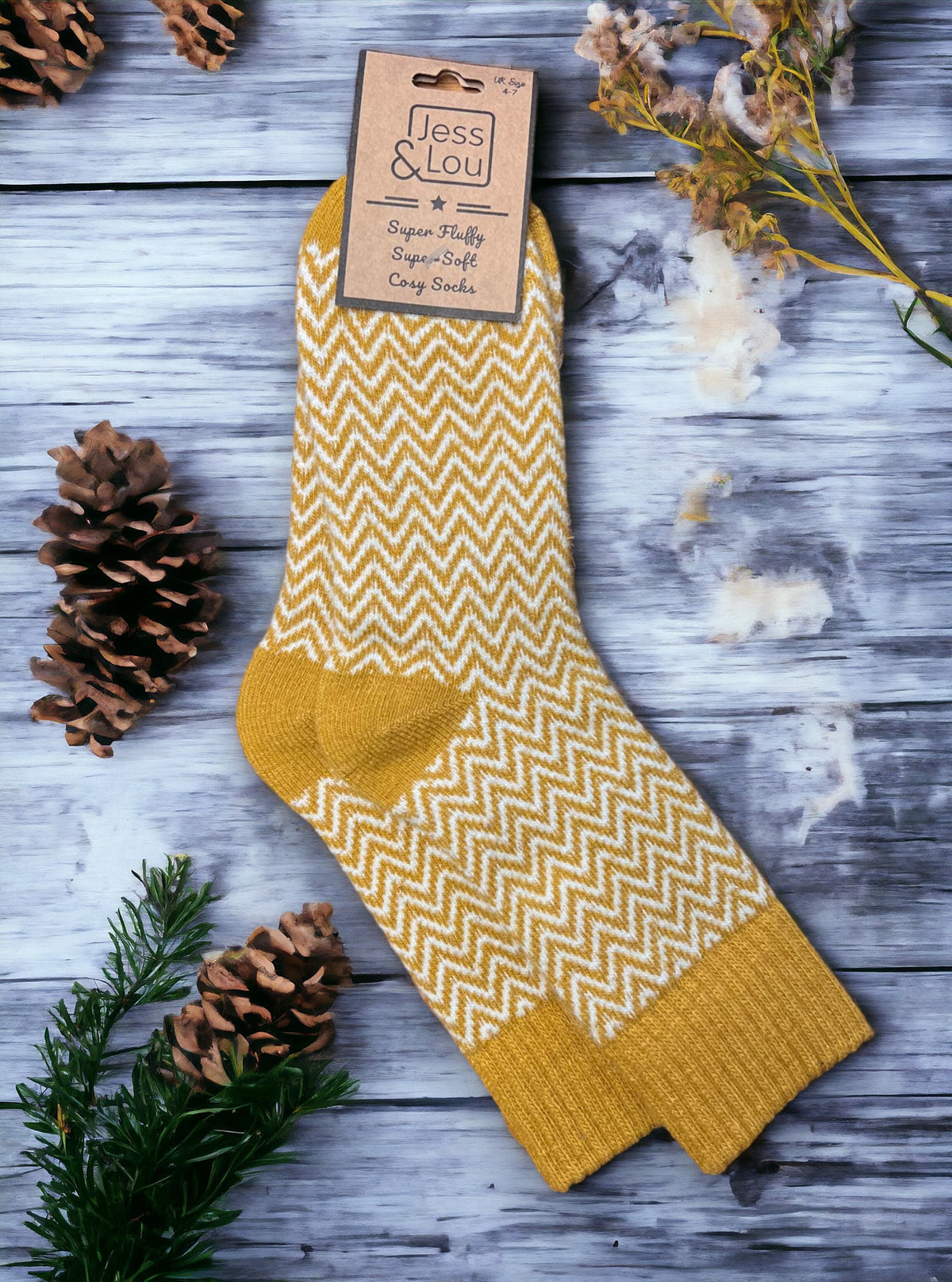 Ladies Wool Mix Cosy Ribbed Socks | Chevron Design | Mustard