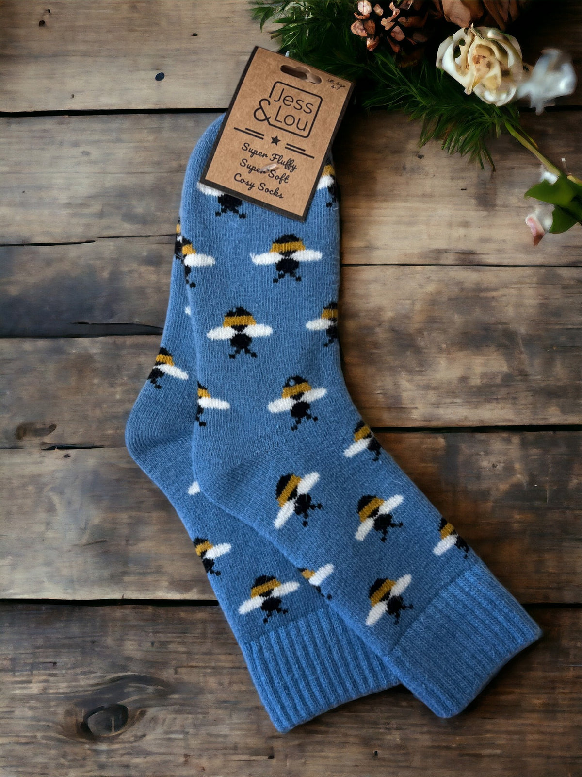 Ladies Wool Mix Cosy Ribbed Socks | Bee Design | Cornflower Blue