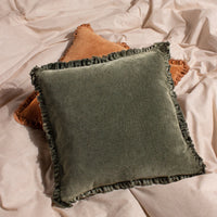 Bertie Washed Cotton Velvet Cushion | Moss | 45cm x 45cm | Feather Filled