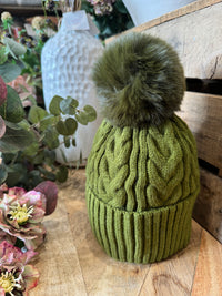 Wool Mix Hat with Faux Fur Pom Pom | Olive