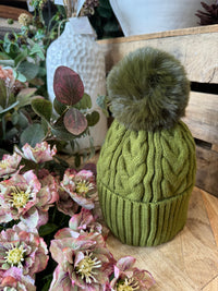 Wool Mix Hat with Faux Fur Pom Pom | Olive