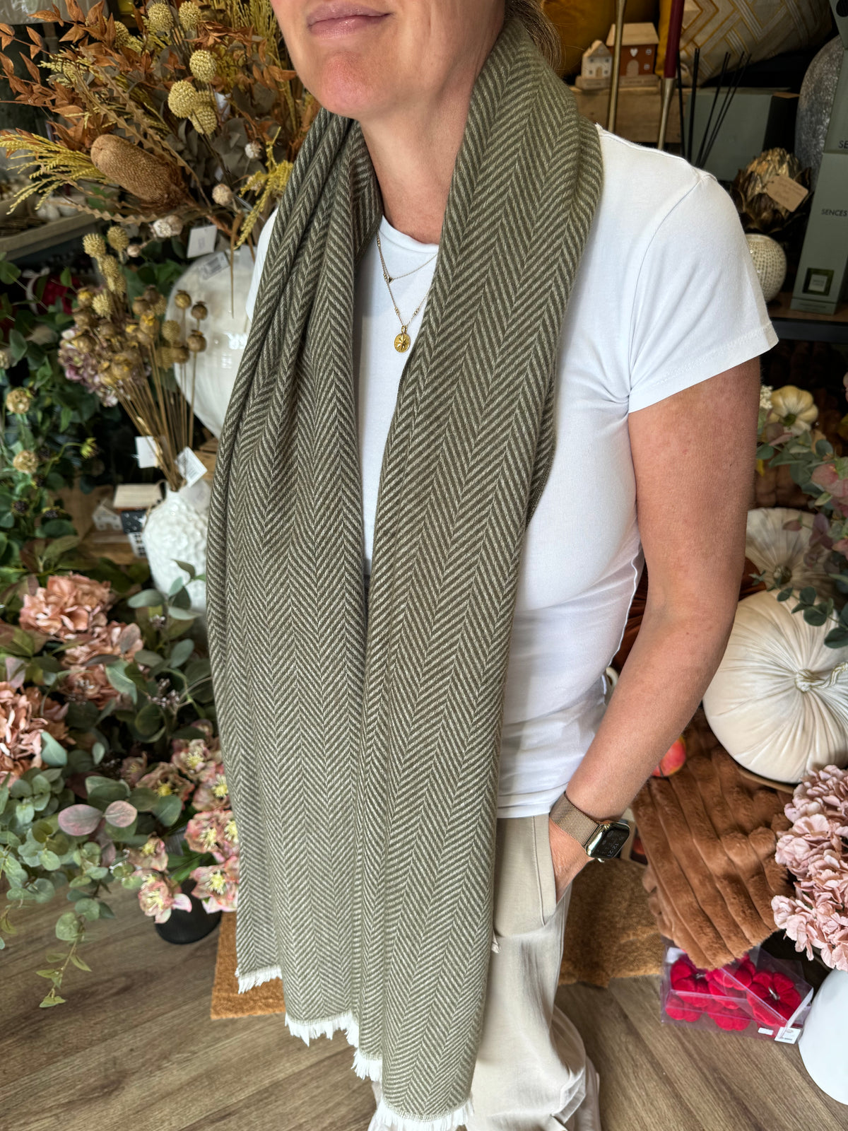 Luxe Oversize Soft Scarf | Herringbone | Olive