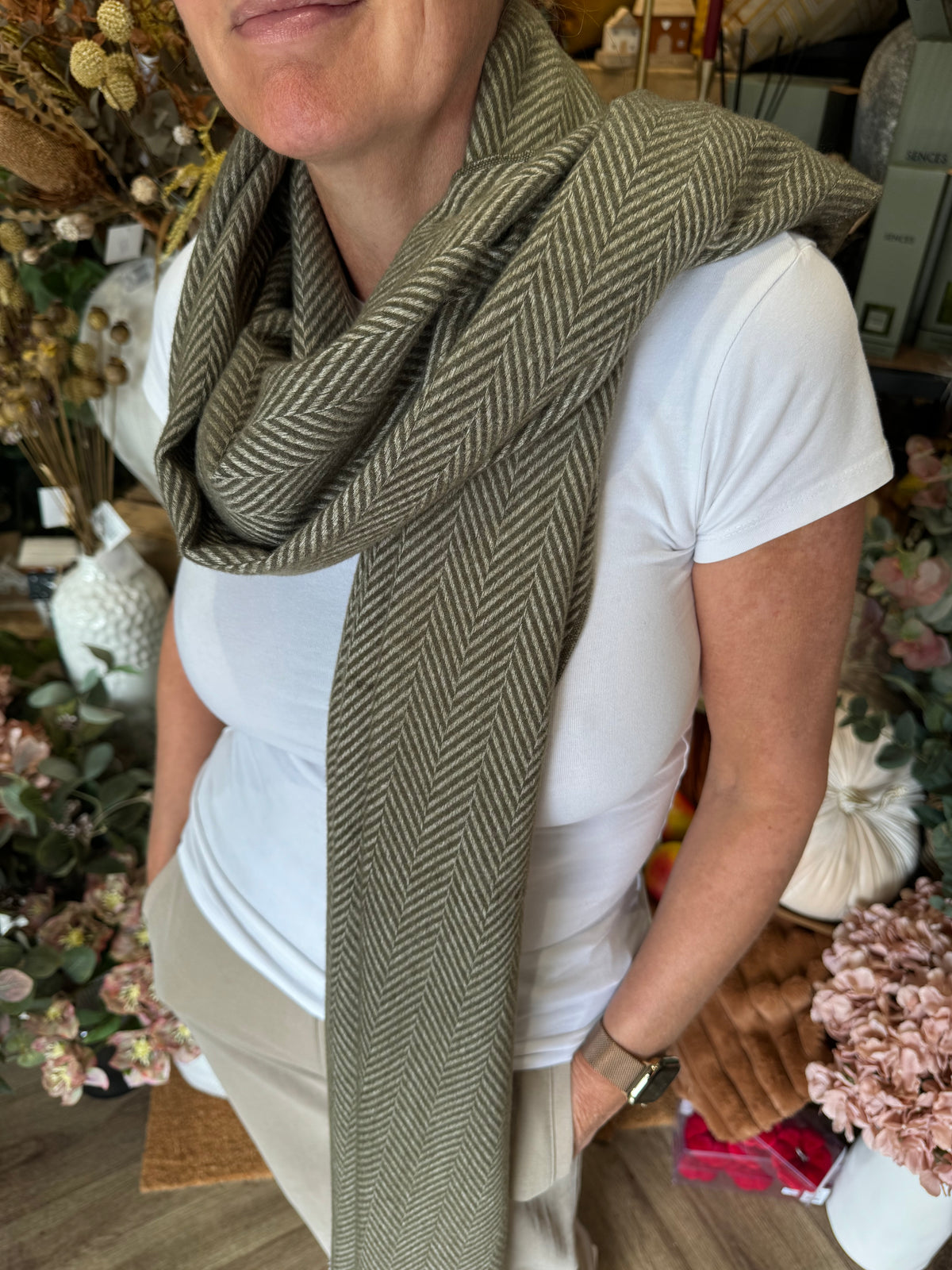 Luxe Oversize Soft Scarf | Herringbone | Olive