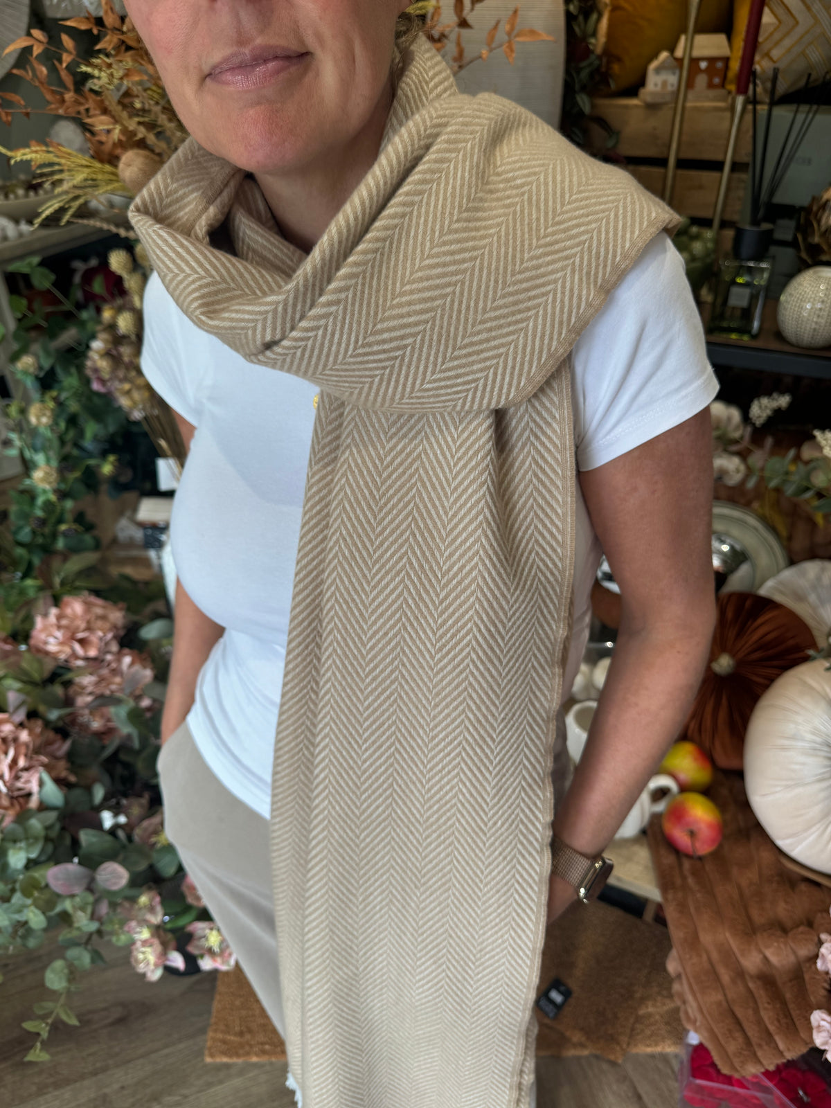 Luxe Oversize Soft Scarf | Herringbone | Cappuccino