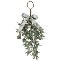 Frosted Faux Mistletoe Teardrop | Green Ribbon