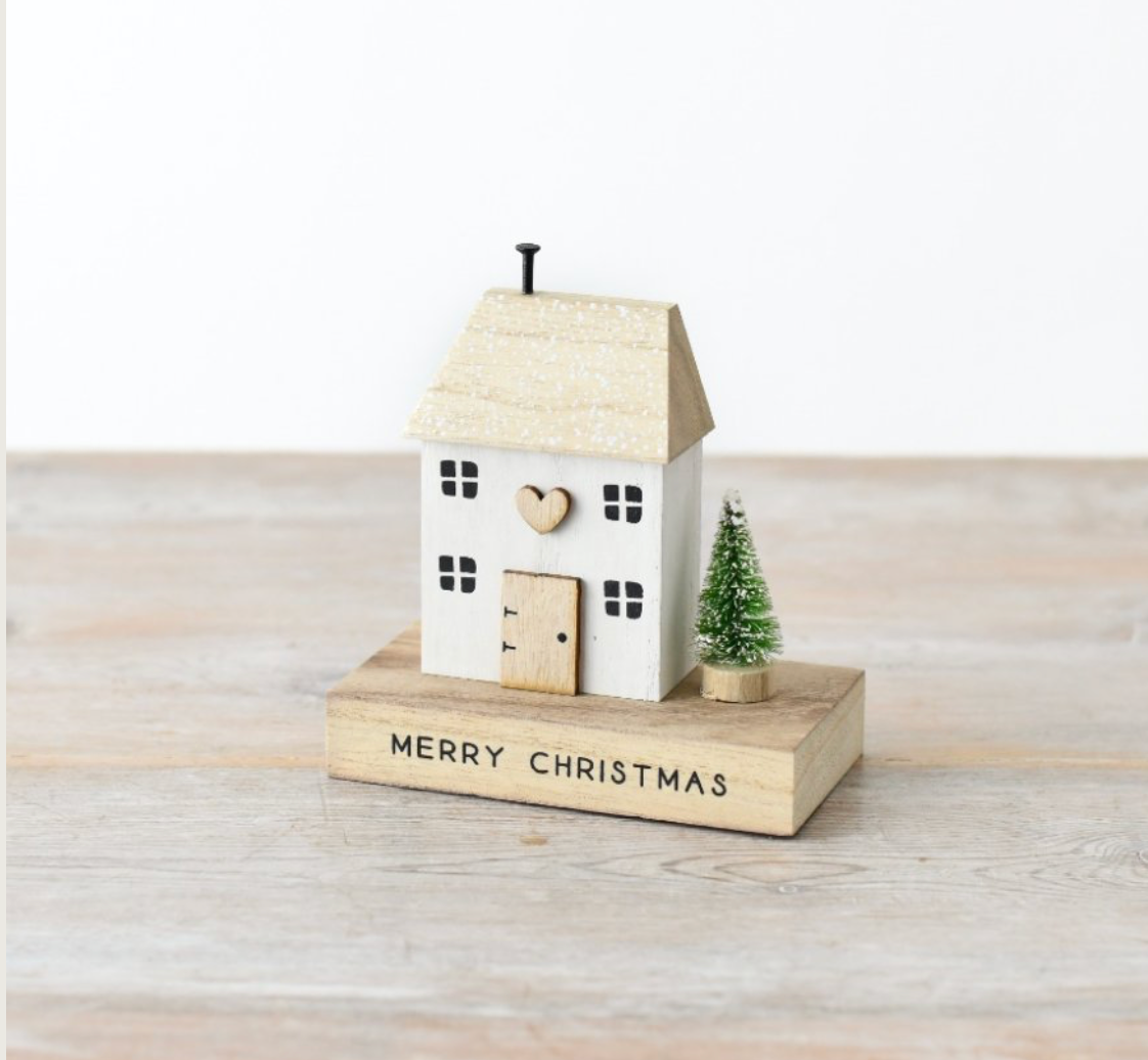 Merry Christmas Wooden House Ornament with Heart | 12cm