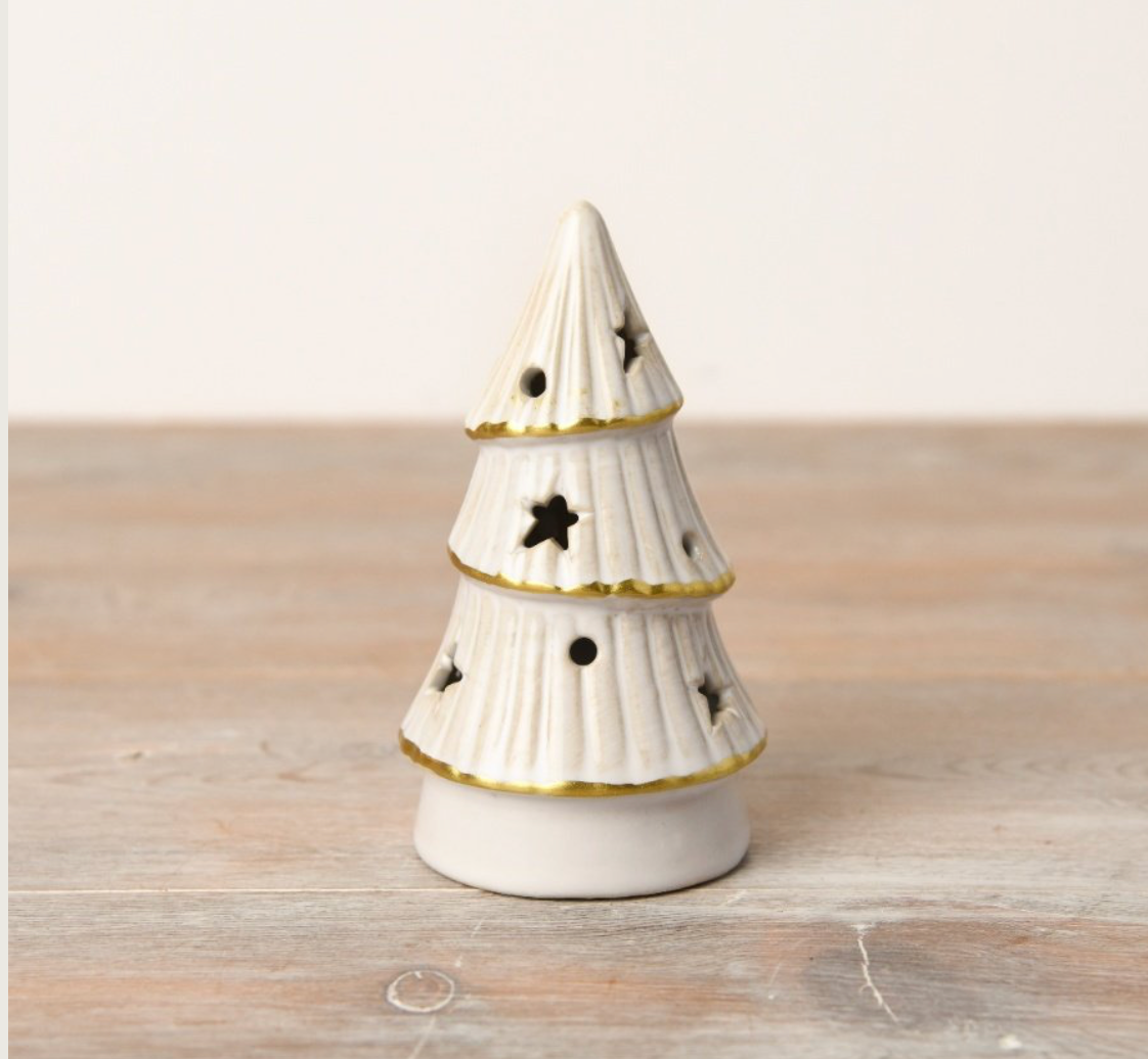 Ceramic White and Gold Star Cut Out Tree | Light-up LED | Small