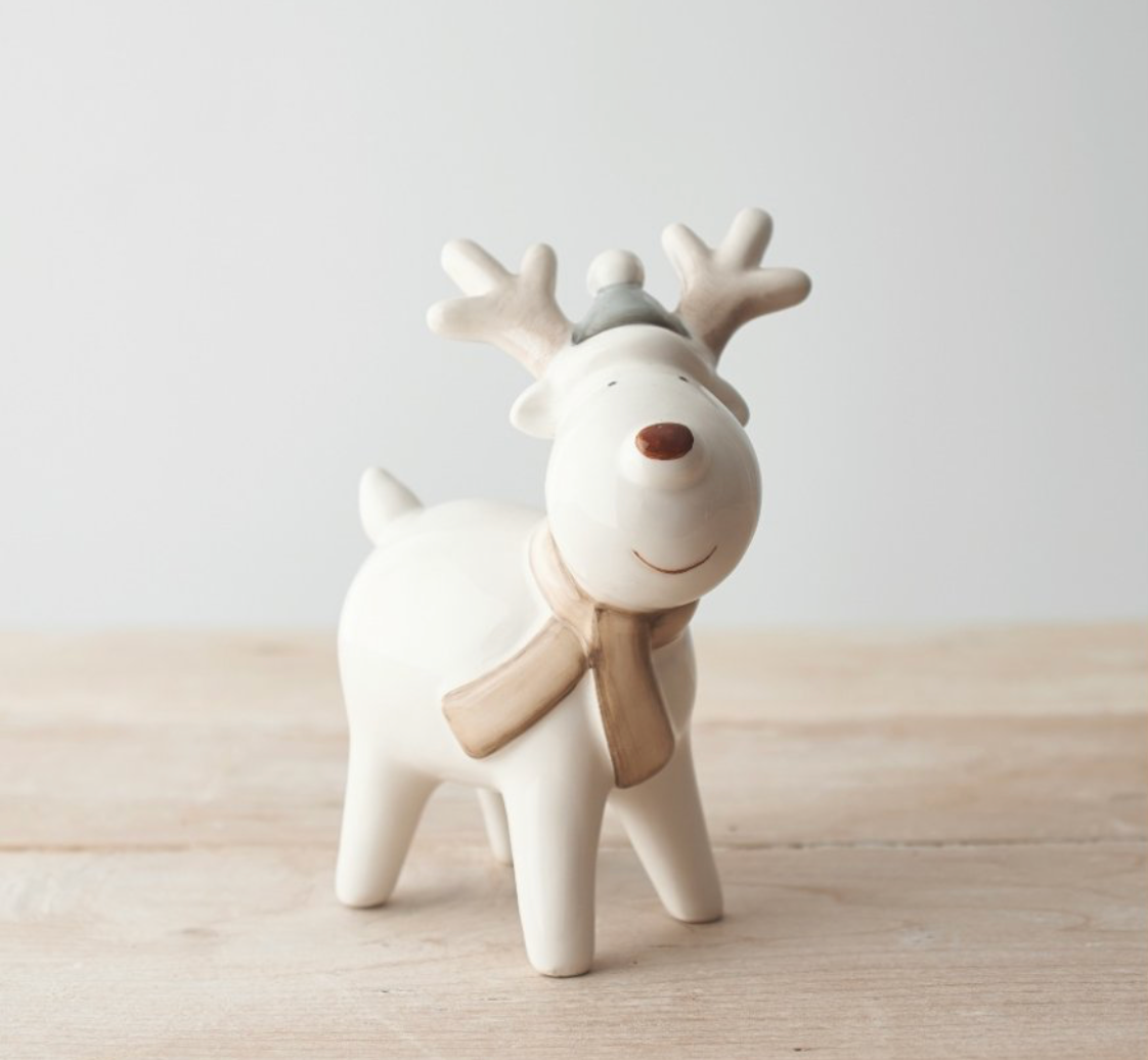 Neutral Red Nose Reindeer with Hat Ceramic Ornament | 9cm