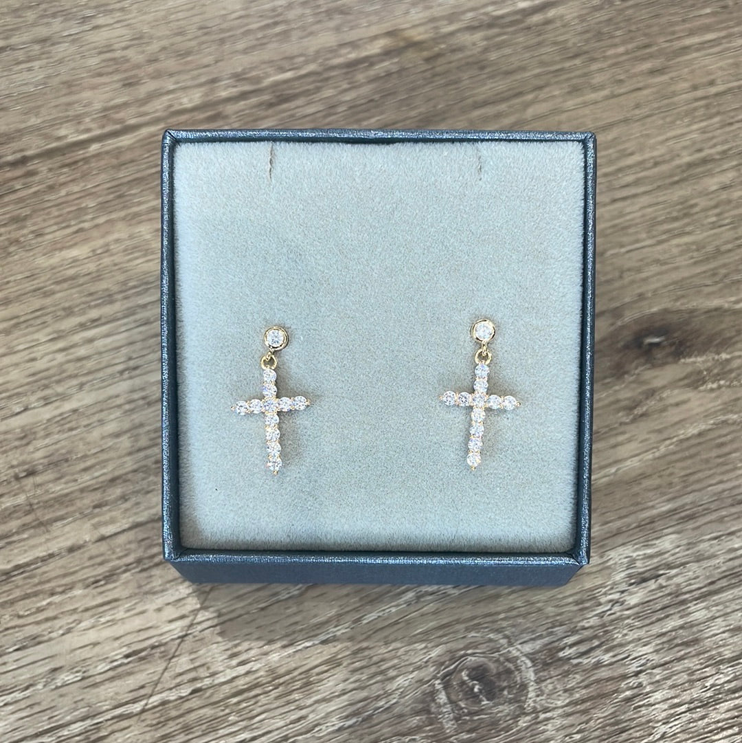 Cubic Zirconia Cross Drop Earrings | Gold