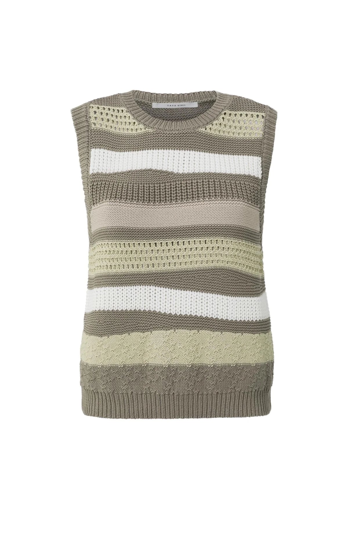 YaYa | Textured Tank Sweater | Round Neck | Crocheted Detail | Army Green Dessin